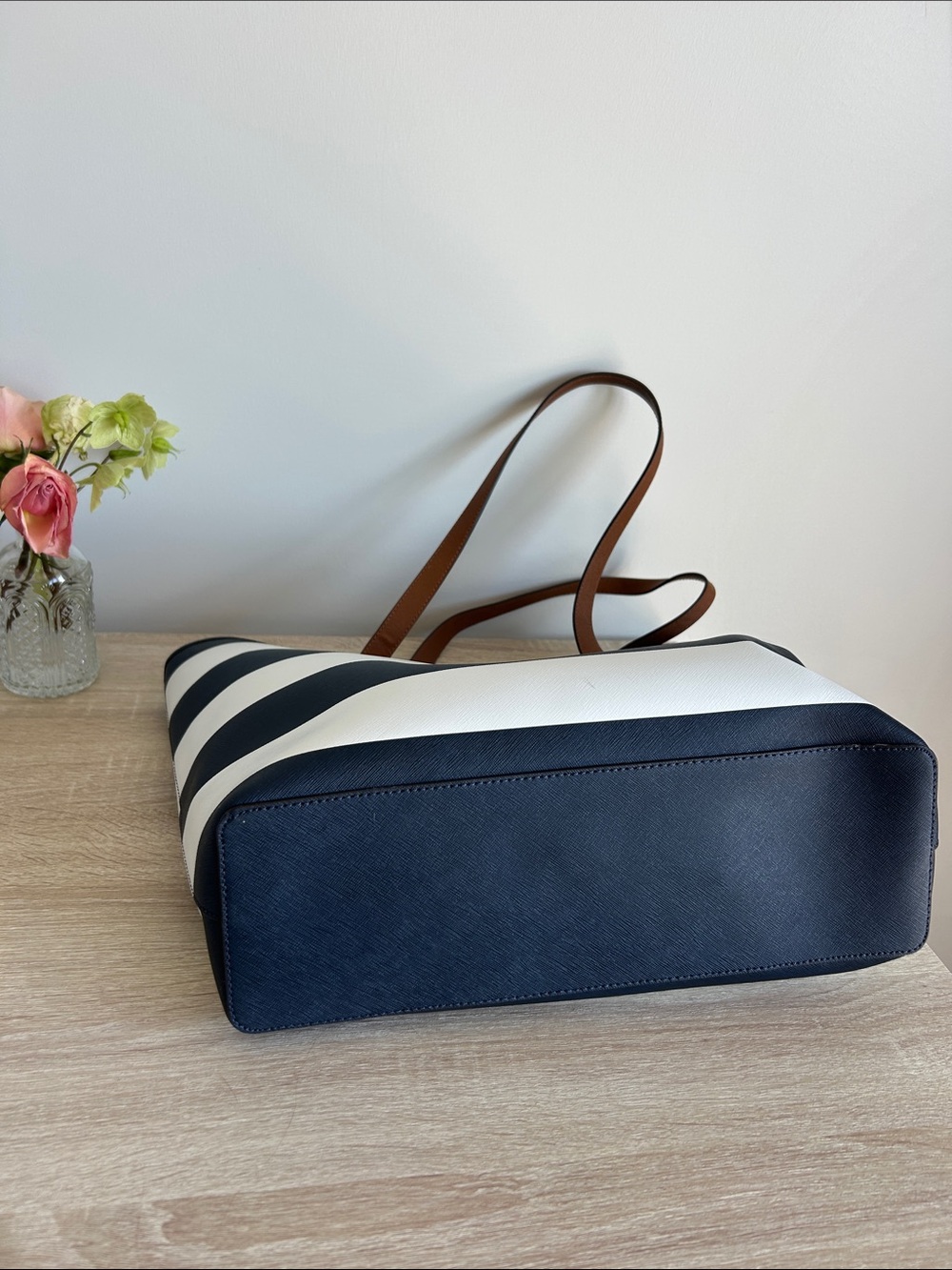 Michael Kors Jet Set Tote - Navy & White Striped Tote with Brown Leather Handles - Picture 7 of 7
